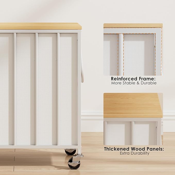120L Laundry Hamper with Wheels and Lid, Rolling Laundry Basket with Dual Removable Liners, Soft-Close Flip-Top Wooden Lid, Metal Handles, Clothes Organizer for Bedroom and Laundry Room