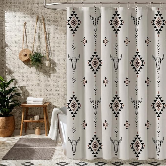 MUGINYU Western Aztec Linen Shower Curtain- Boho Farmhouse Fabric Shower Curtain Set, Ethnic Southwest Bull Skull Cow Shower Curtains for Bathroom, 72x72 Bath Curtain