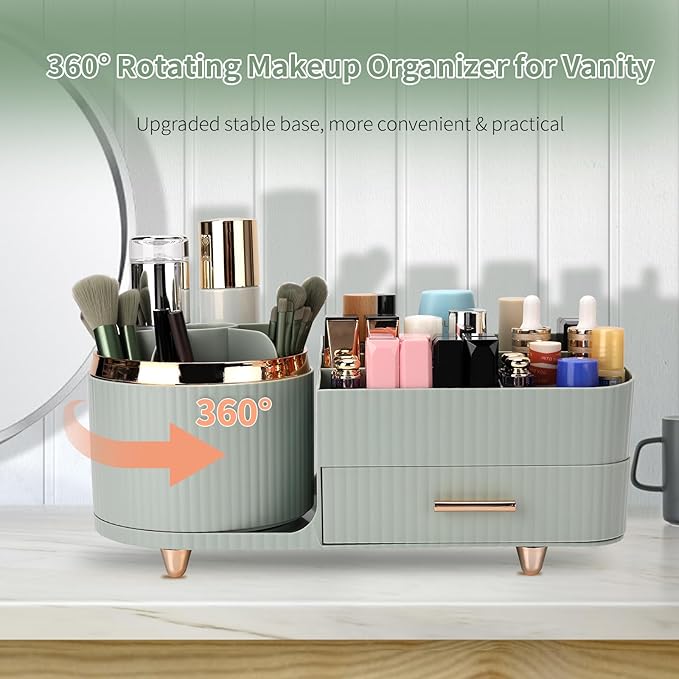 Beborxue 360?? Rotating Makeup Organizer for Vanity with Drawers, Large Capacity Cosmetic Display Case, skincare organizer, Cosmetic Organizer for Lipstick, Skincare, Brushes, Eyeshadow, (Green)