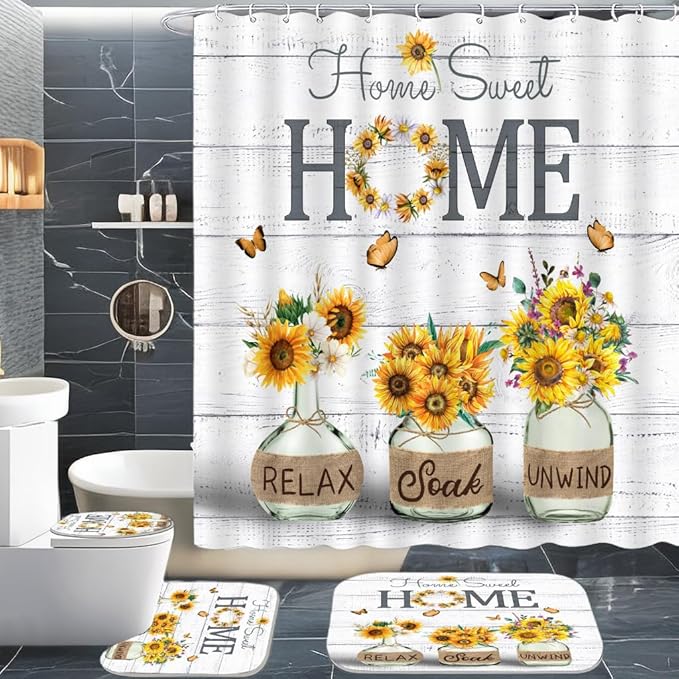 ALEXEX 4 PCS Yellow Sunflower Shower Curtain Set,Home Sweet Bathroom Set with Shower Curtain and Rugs and Accessories,Farmhouse Country Shower Curtain Bathroom Decor with 12 Hooks,72 X 72 Inches