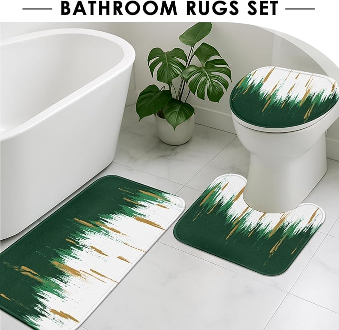 Green Gold White Shower Curtain Set with Toilet Lid Cover and Non-Slip Rugs for Bathroom, Modern Oil Painting Abstract 4 Pcs Shower Curtain, Bathroom Set with 12 Hooks