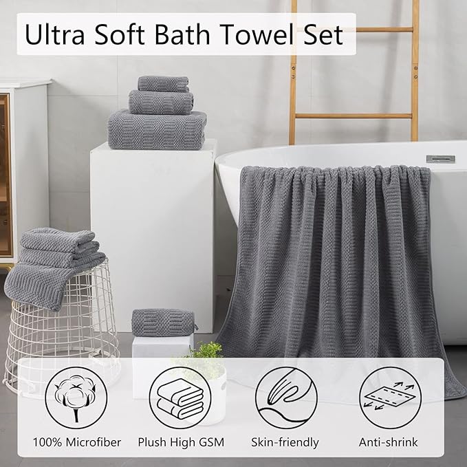 Oliven 2 Piece Gray Geometric Hand Towel Set 16"x31" Soft Highly Absorbent Quick Dry Bathroom Towels Microfiber Plush Towels Set Woven Towels for Kitchen Hotel Spa Gym