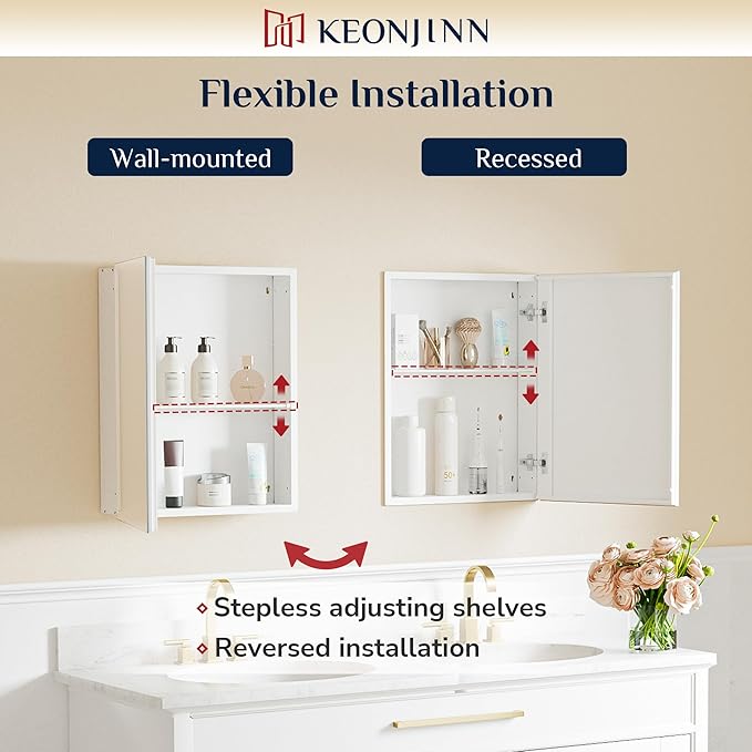 Keonjinn White Medicine Cabinet 14.5 x 18.5 Inch, Assembly Required, Mini Medicine Cabinet Mirror for Compact Bathroom, Free Adjustable Shelves, Wall Mount or Recessed, Tempered Glass
