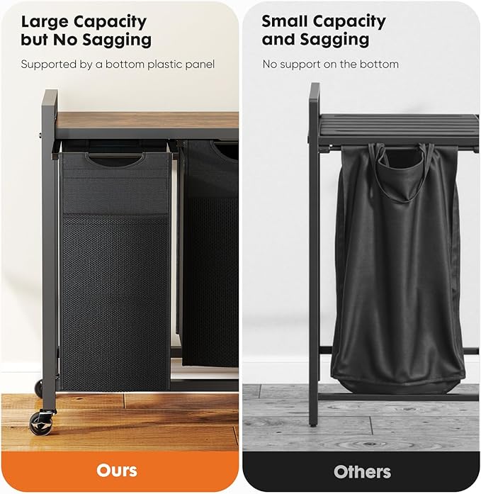 DUMOS Laundry Hamper with 3 Pull-Out Removable Sorter Bags, Movable Wheels, Freestanding Clothes Basket Organizer in Bathroom, 3 × 10.6 Gal (120L) Capacity, Rustic Brown and Black