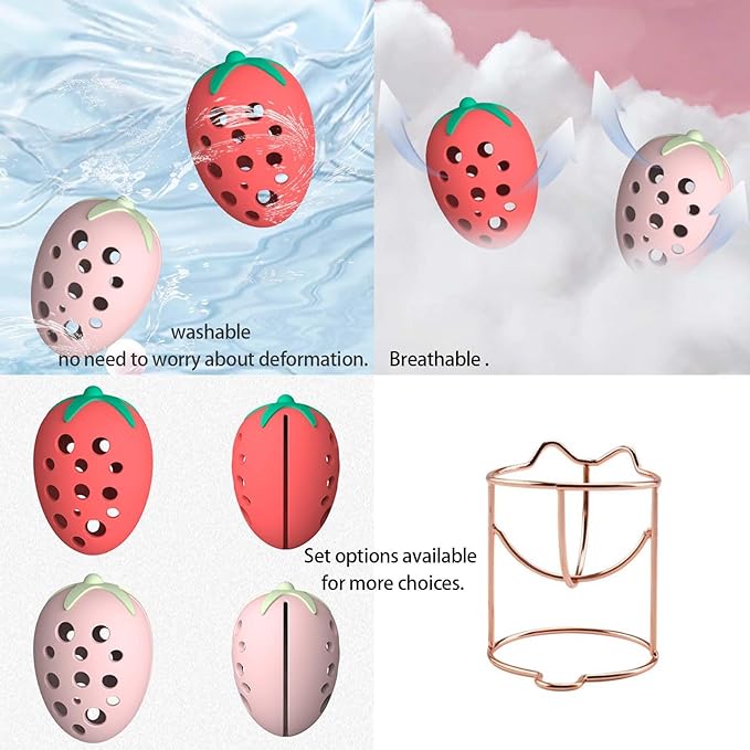Makeup Sponge Holder Strawberry-shaped Stylish Cosmetic Sponge Storage Case Stainless Steel Makeup Tool Compact & Lightweight Travel-Friendly Cute & Portable Silicone (C「Red + Rose Gold」)