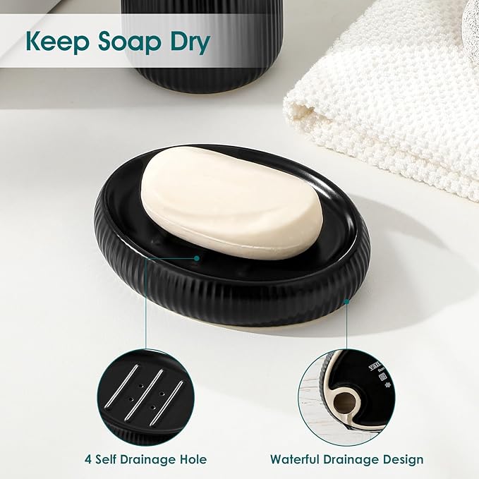 vancasso Ceramic Bathroom Accessories Set 4 Piece, Soap Dispenser with Stainless Steel Pump, Toothbrush Holder, Tumbler and Soap Dish, Modern Relief Design, Bathroom Decor Organizer, Black