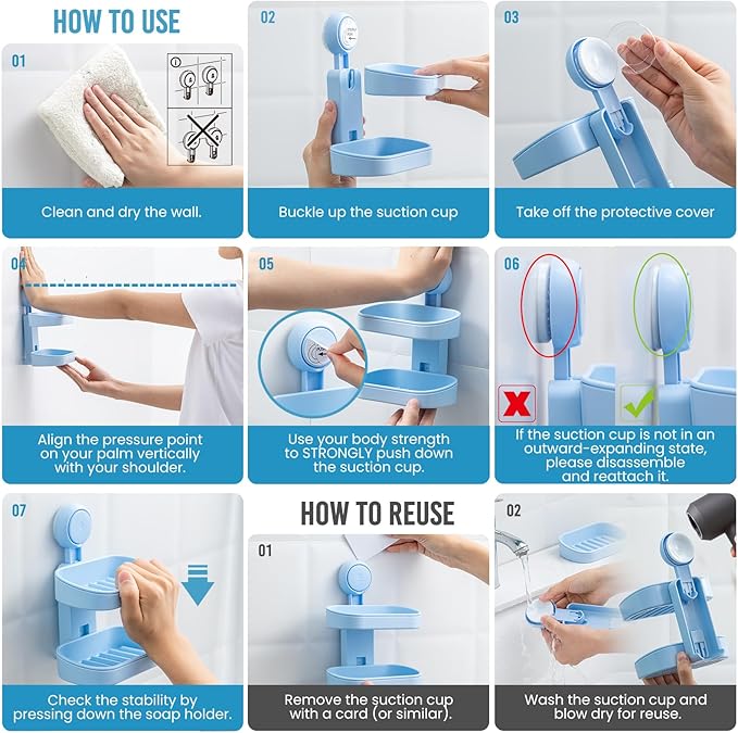 TAILI Soap Holder Soap Dish for Shower, Suction Cup Soap Holder for Shower Wall, Bathroom Accessories, Removable Strong Hold Soap Saver, Drill Free Double Soap Dish, Blue 2 Layer