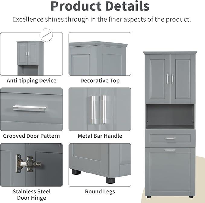 Virubi Tall Laundry Cabinet with Tilt Out Laundry Hamper and Drawer, Modern Wood Bathroom Storage Cabinet with Doors and Adjustable Shelves, Freestanding, Grey