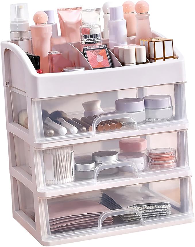 GOTOTOP 3 Tier Drawer Makeup Storage Box, Clear Plastic Cosmetic Organizer, Stationery Storage with Jewelry Drawer, Drawers