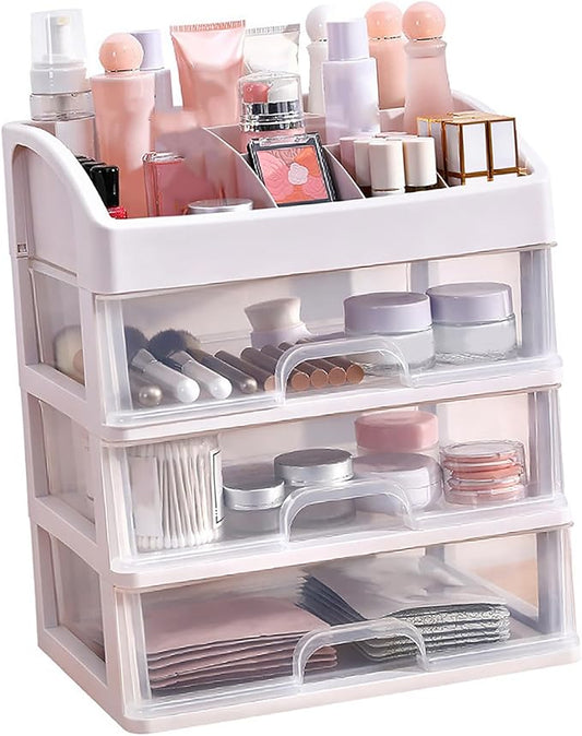GOTOTOP 3 Tier Drawer Makeup Storage Box, Clear Plastic Cosmetic Organizer, Stationery Storage with Jewelry Drawer, Drawers