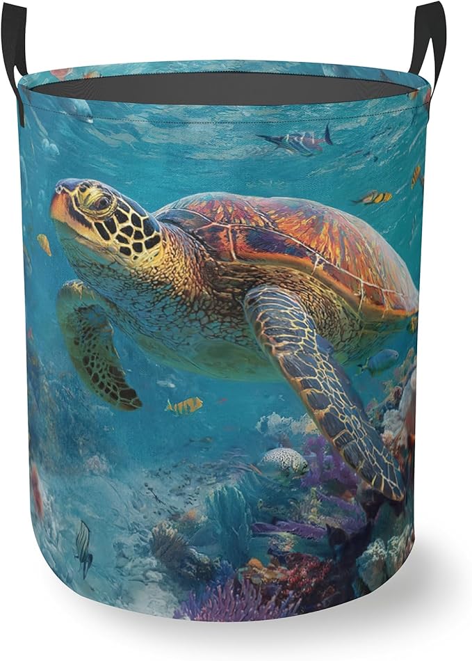Sea Turtle Round Laundry Hamper Storage Basket Toys Clothes Organizer Bin For Home Bathroom Bedroom Dorm Nursery