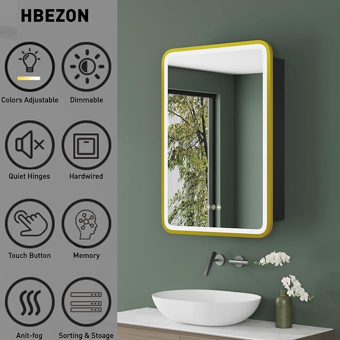 Medicine Cabinet with LED Lights and Mirror, 16W x 28H Inch Wall or Recessed Mounted Bathroom Cabinet with Left Hinge, Storage Shelf, Defogger, Memory Function, 3-Color Mode, Dimmer, Gold