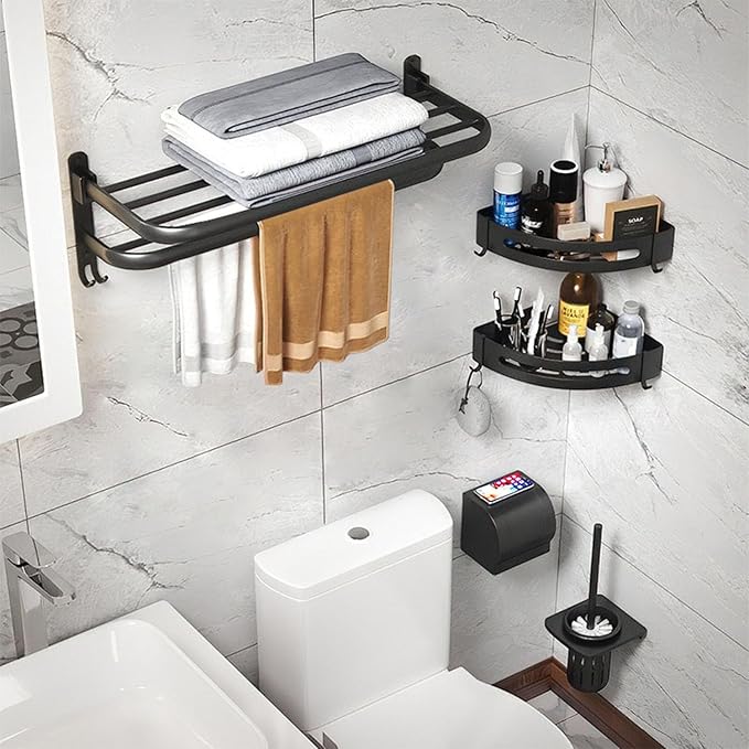 TocTen Towel Rack for Bathroom, Foldable Towel Holder with Double Towel Bars, Wall Mounted Premium Aluminum Bathroom Tower Shelf, Space-Saving Towel Hanger for Bathroom, Lavatory (Black,24 in)