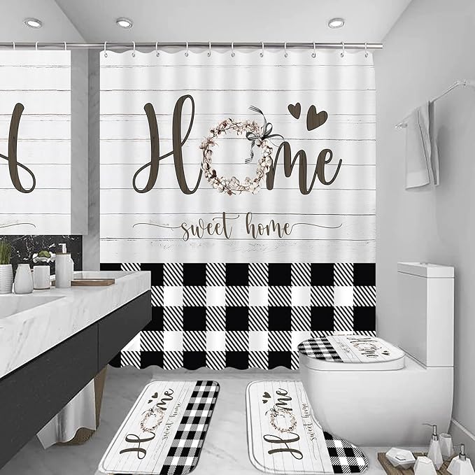 FZDHHY 4Pcs Black and White Shower Curtain Set, Modern Farmhouse Bathroom Sets, Buffalo Plaid Bathroom Sets with Shower Curtain and Rugs, Shower Curtain with 12 Hooks
