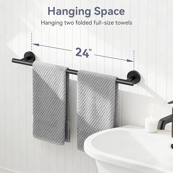 Matte Black Towel Bar, 24 Inch Towel Rack for Bathroom Wall-Mounted, SUS304 Stainless Steel, Total Length 26 Inch 2 Pack