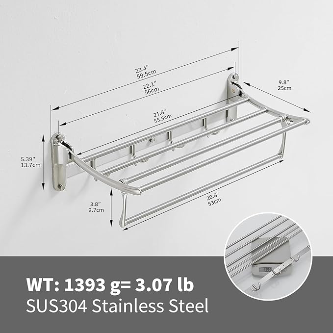 BESy 24 Inch Brushed Nickel Towel Racks, Bathroom Towel Shelf with Foldable Towel Bar Holder and Towel Hooks, Wall Mounted Multifunctional Bathroom Accessories, Double Towel Bars