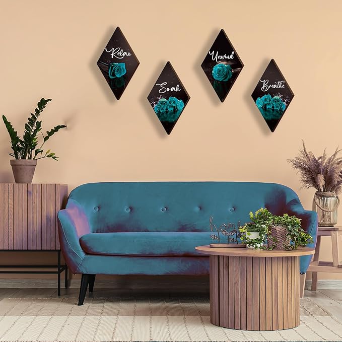ONIZHITY Set of 4 Teal Bathroom Decor Rose Wooden Wall Decor Turquoise Bathroom Decor Romantic Farmhouse Teal Wall Decor Breathe Soak Unwind Relax Signs for Office Room Bedroom (teal 12 x 7)