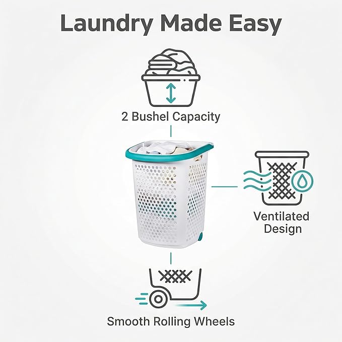 Heavy-Duty Plastic Wheeled Rolling Laundry Basket with Pop-Up Wide Handle, Ventilated Design, Easy to Clean, Spacious 70.52 Liters (2 Bushel), Large Capacity for Families, Dormitories, Laundry Rooms