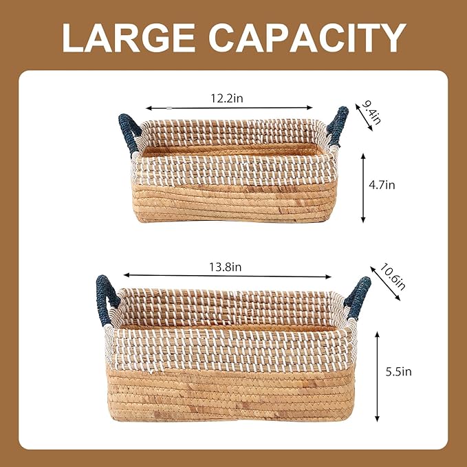 4 Pack Laundry Baskets Hamper, Storage Basket for Home Organizing, 50L Large Seagrass Blanket Basket, 30L Clothes Hamper with Handles, 10L & 8L Cube Woven Wicker Basket with Lid - Blue