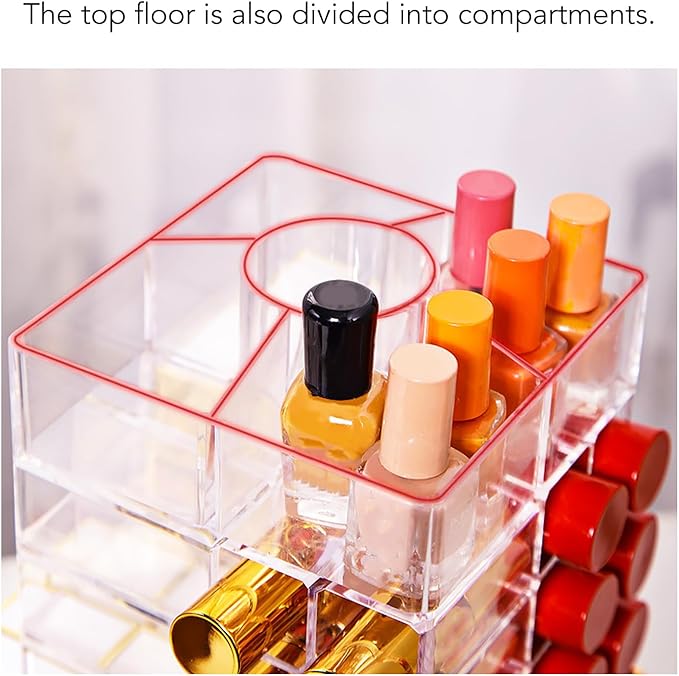 JTLB Lipstick Tower Holder, Large Lipstick Tower with 53 Compartments, Organiser, Transparent Cosmetic Display for Lip Gloss, with Rotating Storage, Ideal for