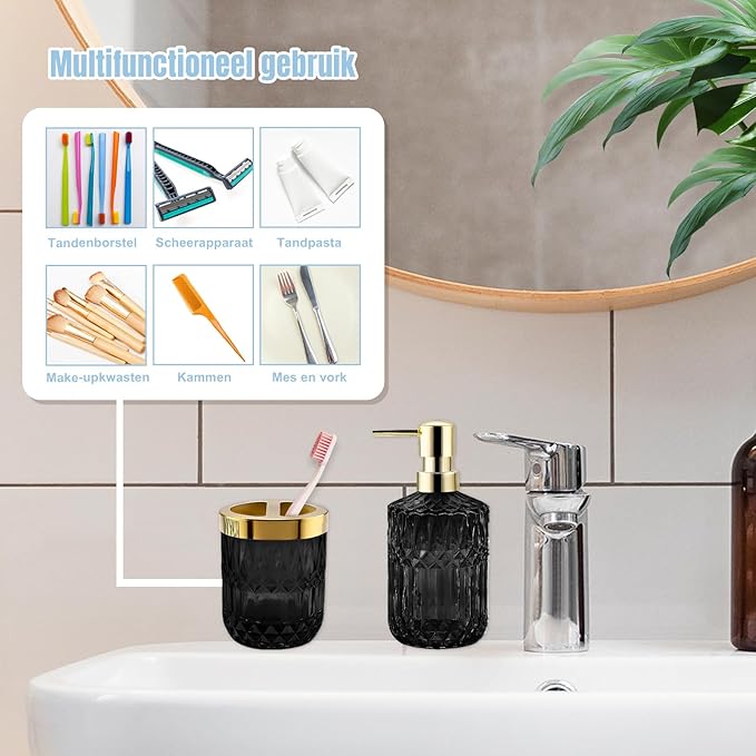 2Pcs Black Bathroom Accessories Set, Glass Bathroom Accessories, Vintage Bathroom Countertop Decoration Includes Soap Dispenser, Toothbrush Holder