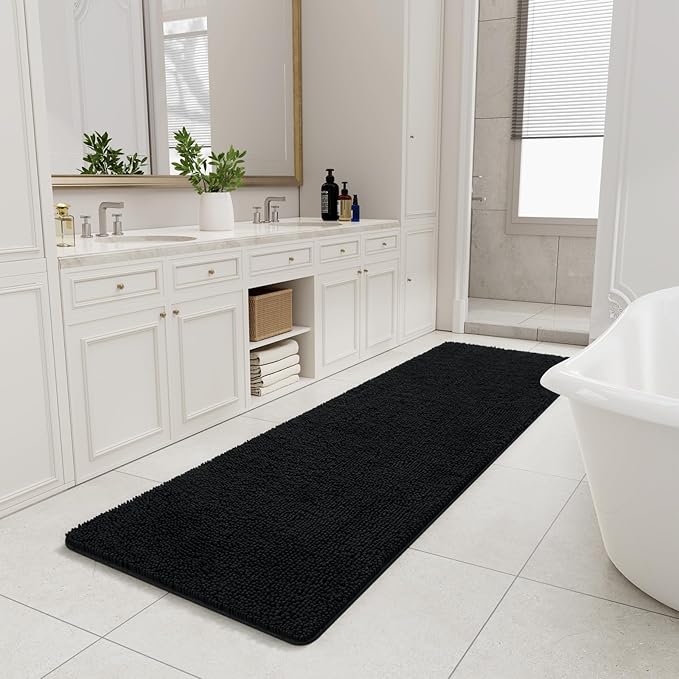 LOCHAS Luxury Bathroom Rug Shaggy Bath Mat 24 x 80 Inch, Washable Non Slip Bath Rugs for Bathroom Shower, Soft Plush Chenille Absorbent Carpets Mats, Black