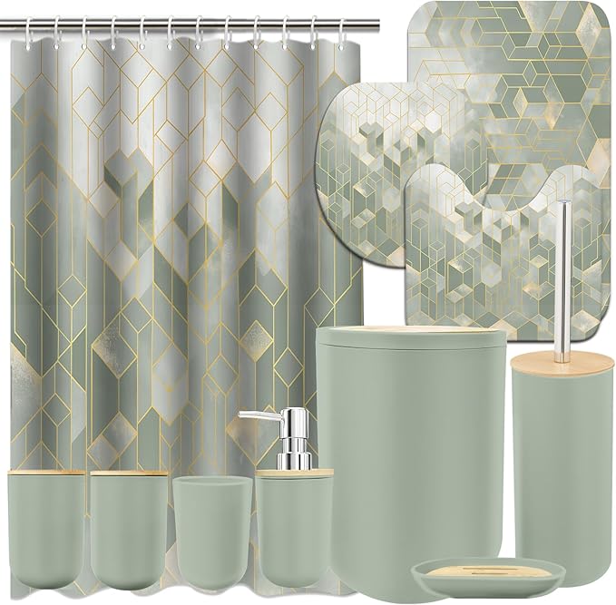 Lnond Sriral Green Bathroom Set, Green Abstract Cubes Bathroom Accessories Sets Complete, Luxury Restroom Set with Shower Curtain and Rugs, Trash Can, Toilet Brush Holder Set & Soap Dispenser