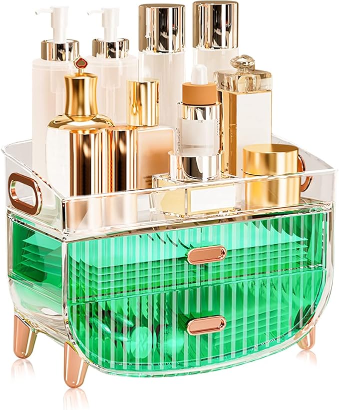 Ergocar Portable Transparent PET Series Multi-Function Make Up Case Dustproof Cosmetic Storage Box, Cosmetics Skin Care Products Jewelry Organizer Case Lipstick Box - Green Two Layers