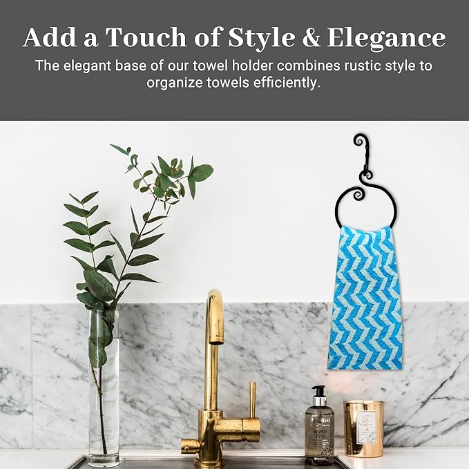 The Metal Magician Round Hand Towel Holder for Bathroom Wall - Kitchen Towel Ring - Aesthetic Design & Heavy Duty Durability - (Ornamental Curve) - (Black)
