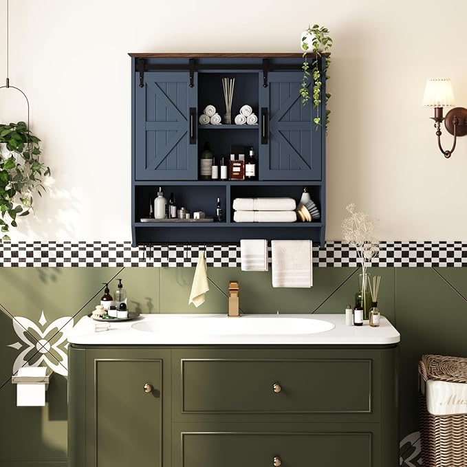 RUSTOWN Farmhouse Bathroom Wall Cabinet,3-Tier Rustic Wood Wall Mounted Cabinets,Vintage Medicine Cabinet with Sliding Barn Door and Adjustable Shelves,Over The Toilet Storage Cabinet (Navy Blue)