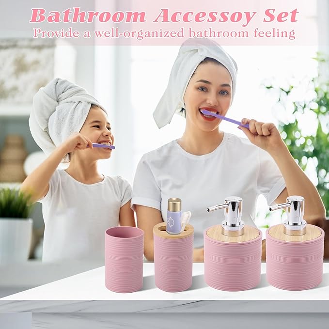 XLHOMO Pink Bathroom Set, Pink Bathroom Accessories Set with Trash Can, 2PCS Soap Dispensers, Soap Dish, Toothbrush Holder, Toothbrush Cup,Toilet Brush, Tray and Qtip Holders for Bathroom Decor