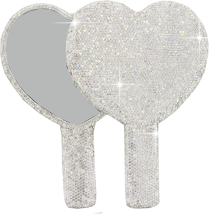 Bling Rhinestone Heart Handheld Mirror - Portable & Dazzling Makeup Mirror for On-The-Go Touch-ups (Plastic White)