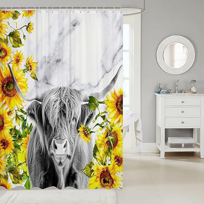 Feelyou Highland Cattle Shower Curtain Sunflower Highland Cow Marble Print Bathroom Decorative 72"x72"