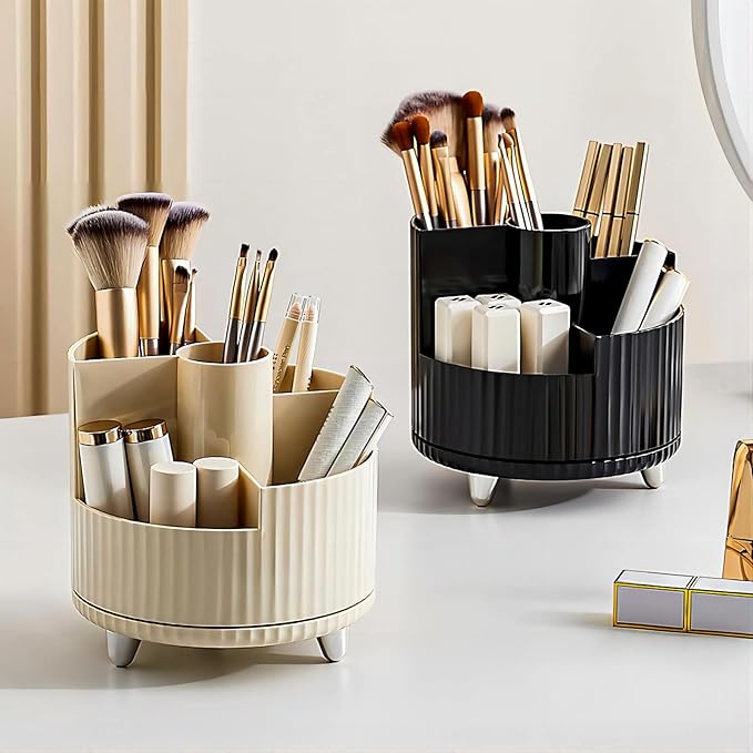 DASITON Large Capacity Makeup Brush Holder,360?? Rotating Makeup Organizer,5 Slot Makeup Brushes Cup,for Vanity Decor,Bathroom Countertops,Desk Storage Container,Cosmetic Display cases(Cream-S)