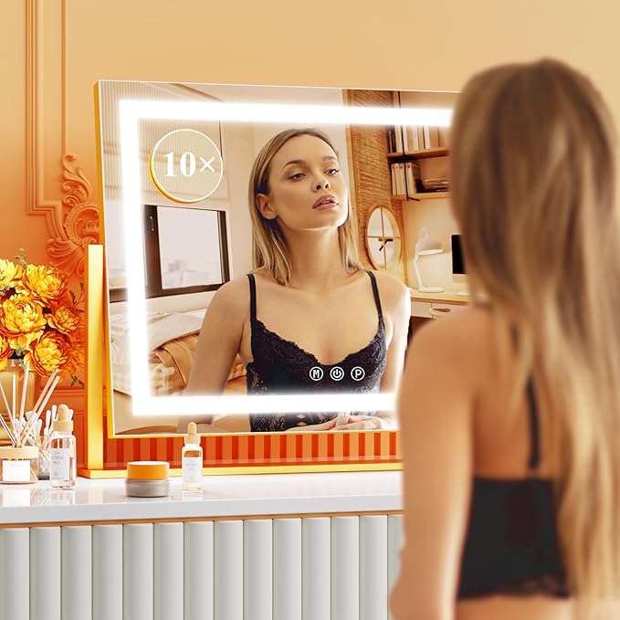 Gvnkvn Lighted Makeup Mirror, 17.3"x13" Hollywood Vanity Mirror with Lights, Three Color Lighting Modes, and 5X Magnification Mirror, Smart Touch Control, 360°Rotation (Gold,17.3in Gift Box)