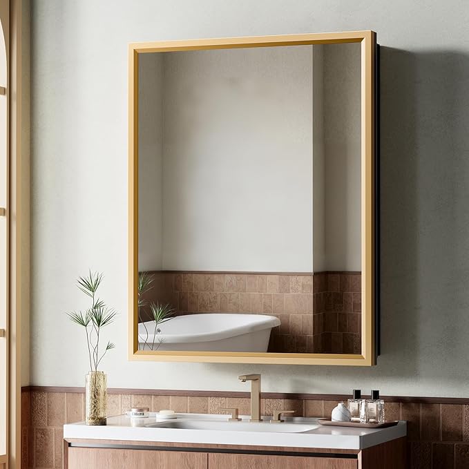 24“ x 30” Gold Medicine Cabinets for Bathroom with Mirror, Aluminum Alloy Framed Mirror＆Tempered Glass Design, Recessed or Surface Wall-Mounted Metal Bathroom Vanity Mirror with Storage Cabinet