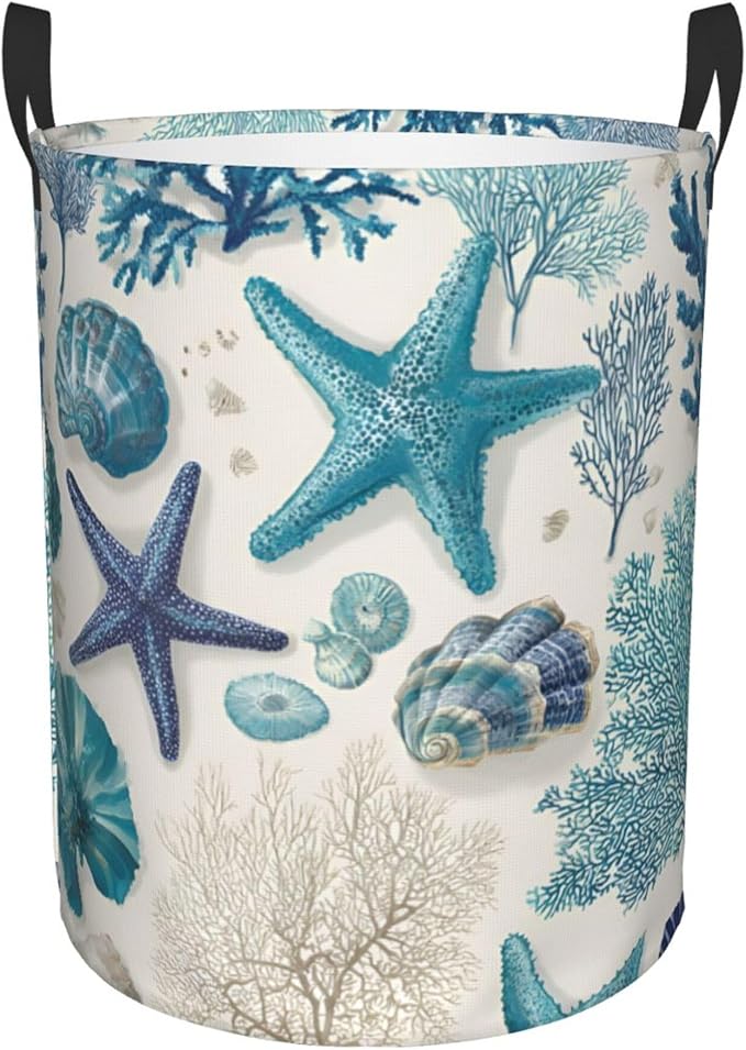 Coastal Ocean Theme with Starfish Design Laundry Hamper, White Blue, Oxford Cloth Storage Basket, Large 19.6x15.7 Inch
