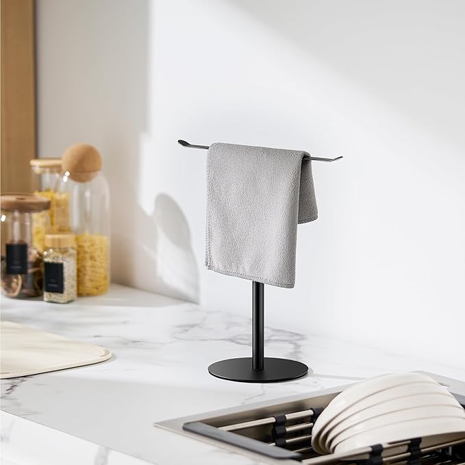 Black Hand Towel Holder Stand ?€? Countertop T-Shaped Stainless Steel Towel Rack with Non-Slip Base for Vanity and Kitchen
