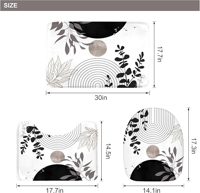 Riyidecor Black White Boho 4Pcs Bathroom Shower Curtain Sets Gray Retro Abstract Leaves Bathroom Decor Set with Rugs and Accessories Modern Neutral Toilet Lid Rug, Contour and Bath Mat with 12 Hooks