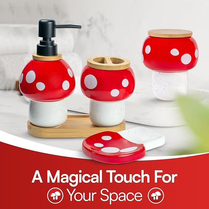 Mushroom Bathroom Decor Set – Ceramic Soap Dispenser, Toothbrush Holder, Canister, and Soap Dish with Bamboo Accessories – Cottagecore Bathroom Gifts for Women