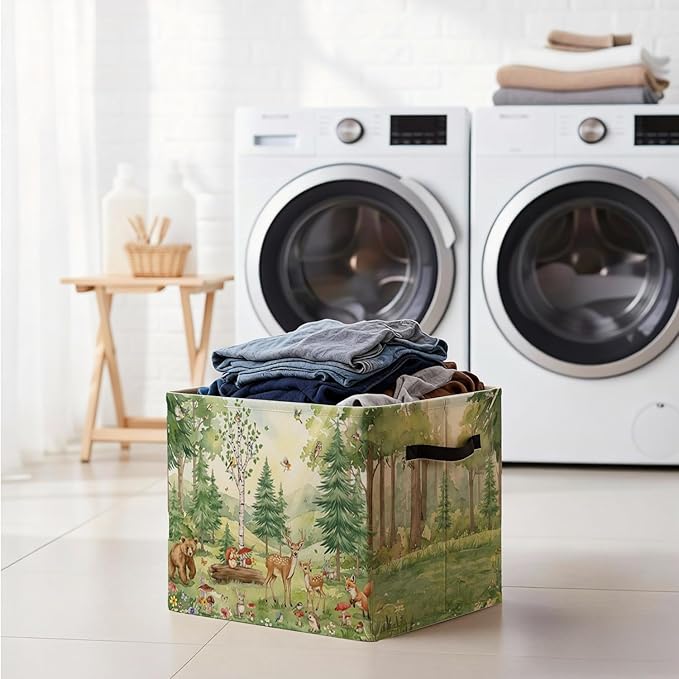 Forest Animal Nursery Storage Bin Box with Handles, Rustic Botanical Wild Animal Foldable Baskets Organizer for Kids Room Nursery Bathroom Clothes Toys Books, Toybox for Boys Girls