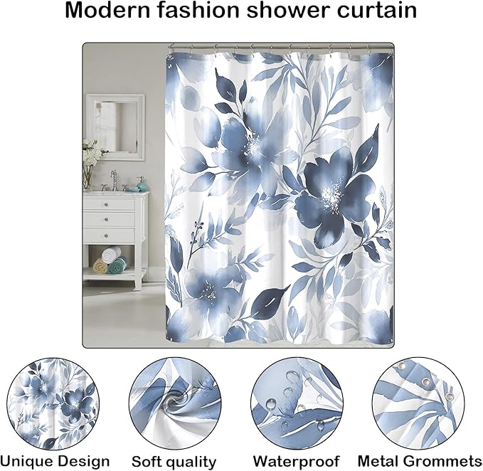 Floral Shower Curtain, Blue Watercolor Flower Shower Curtains for Bathroom, Modern Minimalist Waterproof Fabric Bath Decoration 72x96 Inch