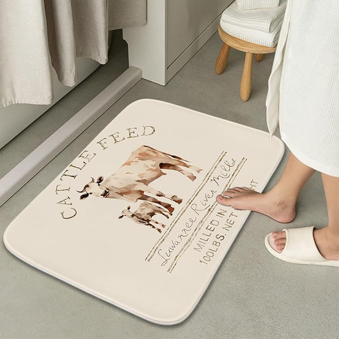 Farmhouse Cattle Feed Cow Rustic Bathroom Sets with Shower Curtain 72Wx72H and Rugs and Accessories Decor with Bath Mat, U-Shaped Contour Velvet Washable 20 x 31 inches Ivory and White