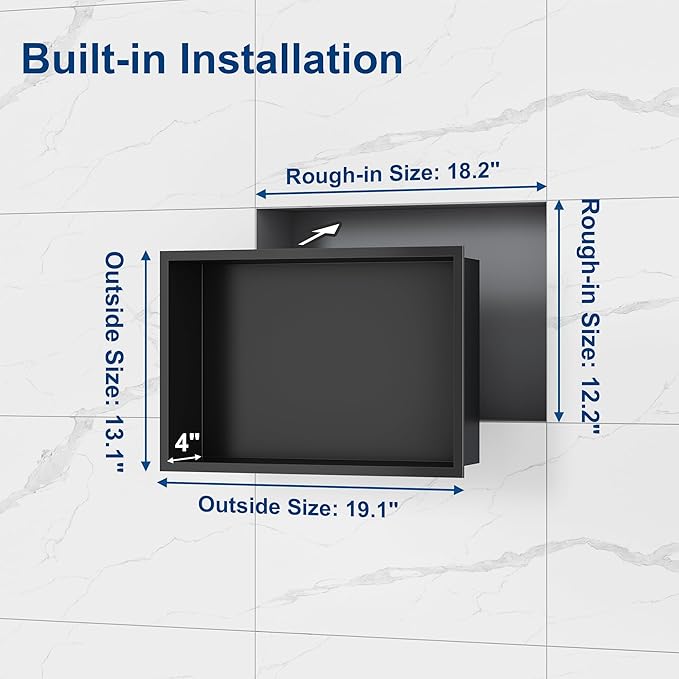 Neodrain Shower Niche, Insert Bathroom Storage Shower Shelf, Stainless Steel Recessed Wall Niche No Tiled Recessed Cabinet Waterproof for Shower Storage(Matte Black,18"x12")