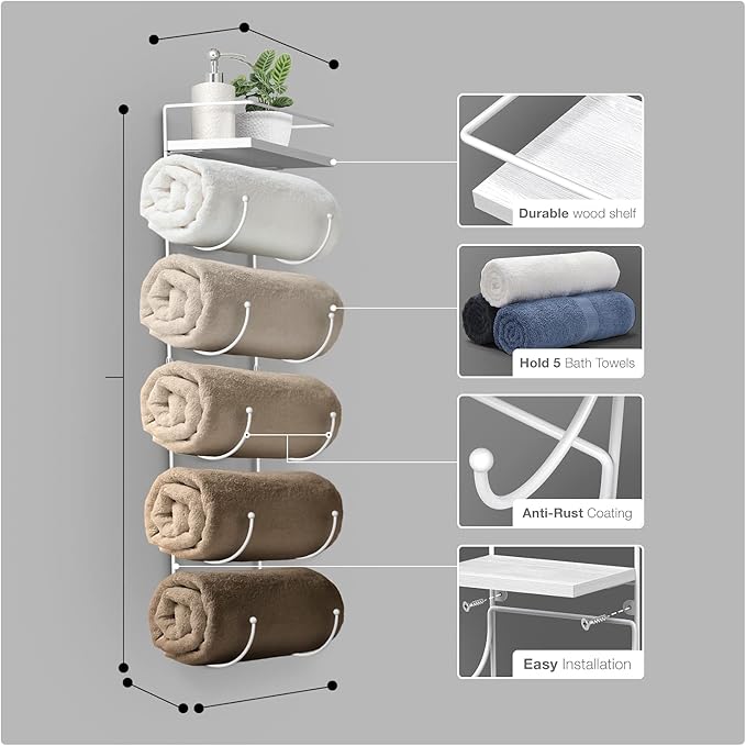 Sorbus Bathroom Towel Holder - 5 Tier Metal Towel Rack with Wood Shelf for Rolled Bath Towels, Washcloths, Linens, Hand Towels, Soaps & Accessories - Wall Mounted Towel Rack for Bathroom Towel Storage