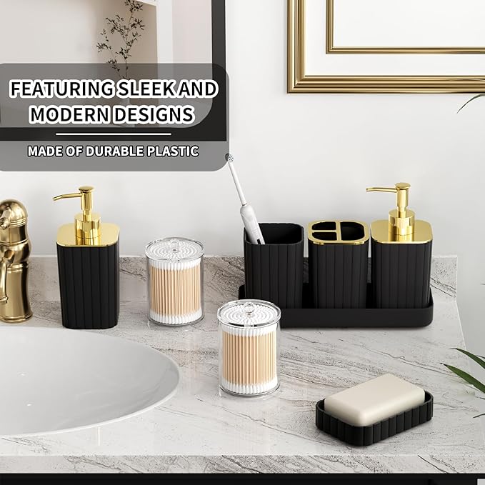 XLHOMO Bathroom Accessory Set - 26PC Bathroom Shower Curtain and Rug Set, Bathroom Accessories Set, Black Bathroom Set with Trash Can, Toilet Brush, Qtip Holder & Soap Dispenser