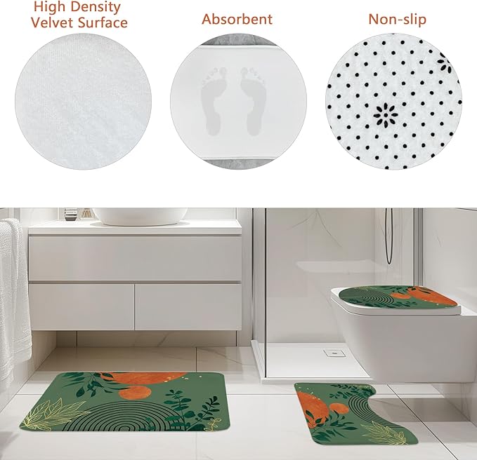 Riyidecor Mid Century 4Pcs Bathroom Shower Curtain Sets Modern Aesthetic Minimalist Geometric Bathroom Decor Set with Rugs and Accessories Abstract Toilet Lid Rug, Contour and Bath Mat with 12 Hooks