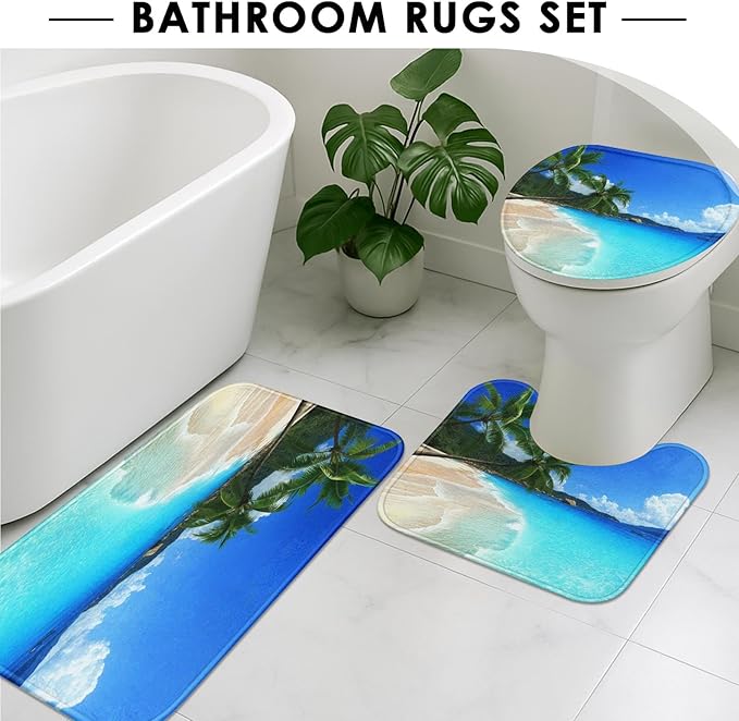 Britimes 4 Piece Shower Curtain Sets, with 12 Hooks, Tree Tropical Beach with Non-Slip Rugs, Toilet Lid Cover and Bath Mat for Bathroom Decor Set, 72" x 72"