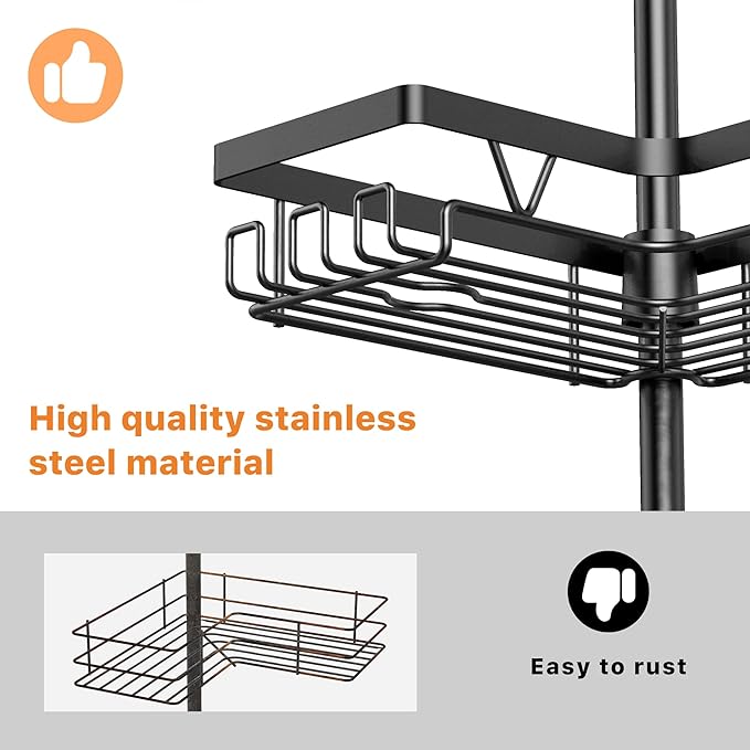 KEGII Corner Shower Organizer, 6-Tier Tension Pole Shower Caddy, Black Floor Standing Corner Shelf for Shower 25-114.2 inch, Waterproof and Rustproof