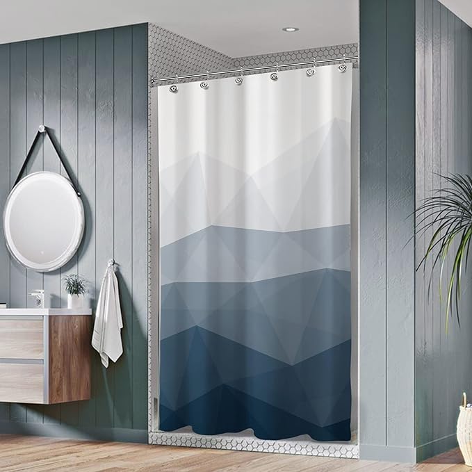 Sunlit Design 36 x 72 Inches Ombre Blue Small Stall Shower Curtain RV Half Size Narrow Bathroom Curtains Contemporary Geometric Fabric Bathroom Decor